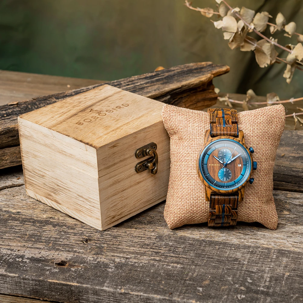 BOBO BIRD Wood Watch Men Business Japanese Quartz Movement Watches Engraved Chronograph Wristwatch with Date Display Custom Gift