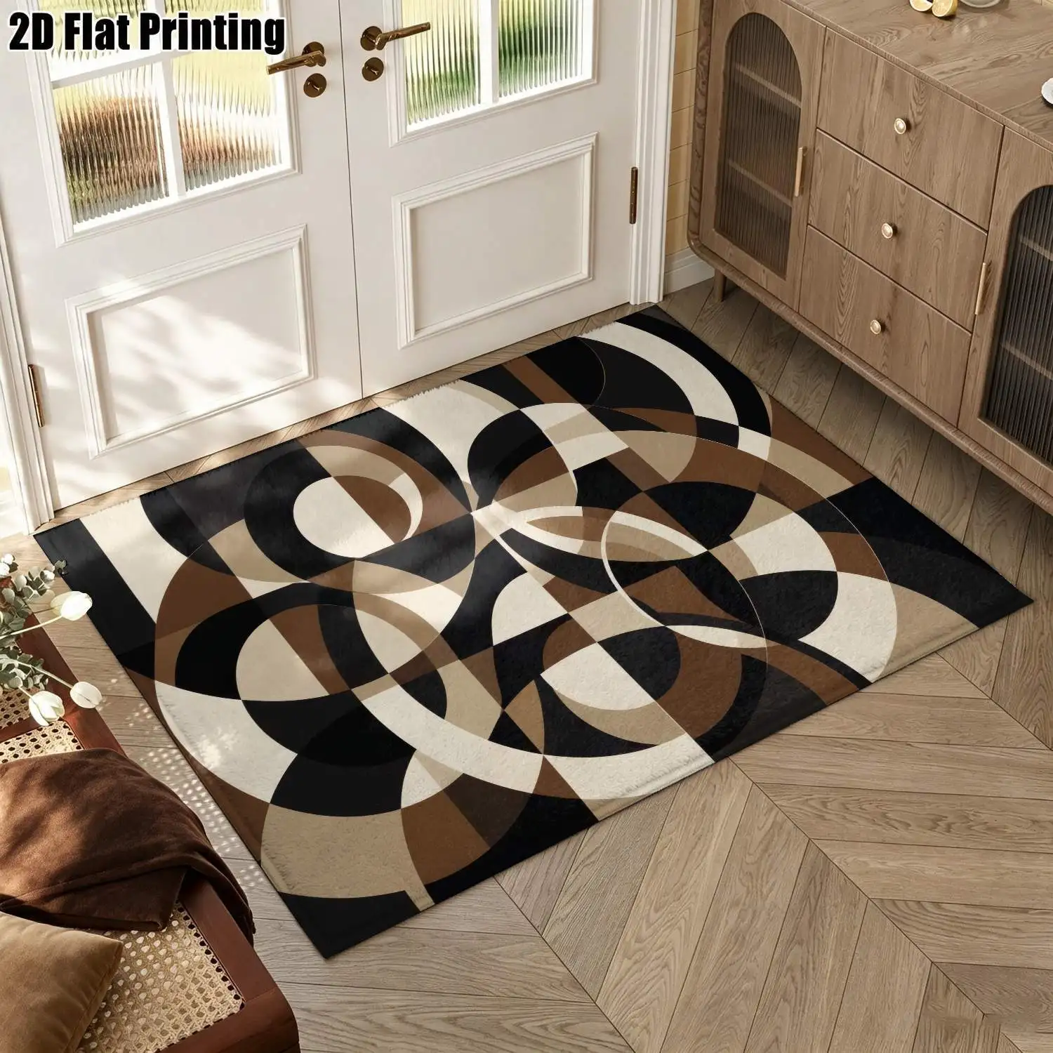 1Pc 2D Printed Carpet: Black & Brown Geometric Abstract Patterns, Nordic/Modern Minimalist/Vintage Striped Style Machine Washable, Multi-Size, Ideal for Home Decor, Entryway, Dining Room, Foyer, Living Room & Bedroom.