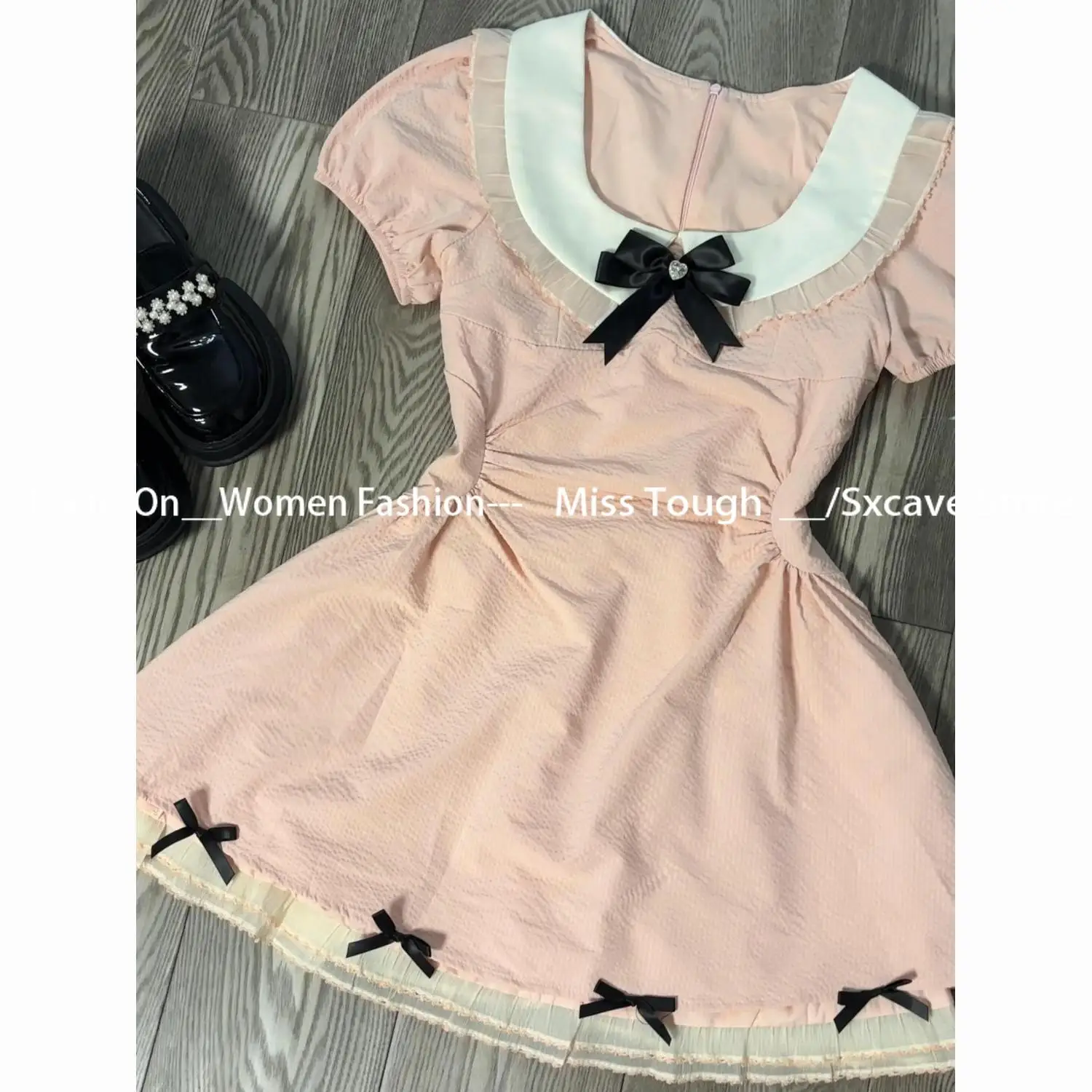 Elegant Short Sleeve Kawaii Mini Dress Women Casual 2000s Vintage Y2k Clothing Japanese Sweet Pink Dress Evening Party Chic