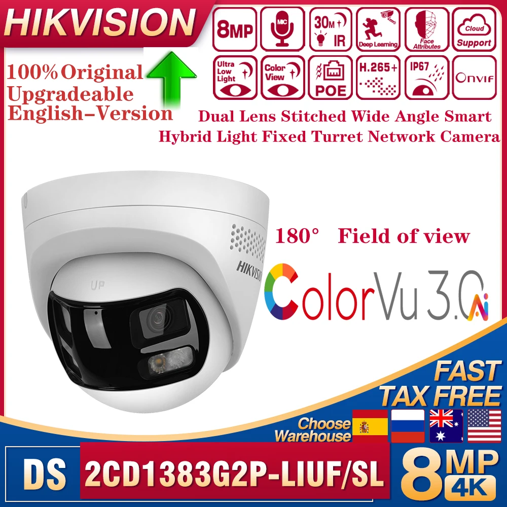 Original Hikvision DS-2CD1383G2P-LIUF/SL 8MP lente dual cosida gran angular luz híbrida inteligente 180 ° Cámara de red de torreta fija
