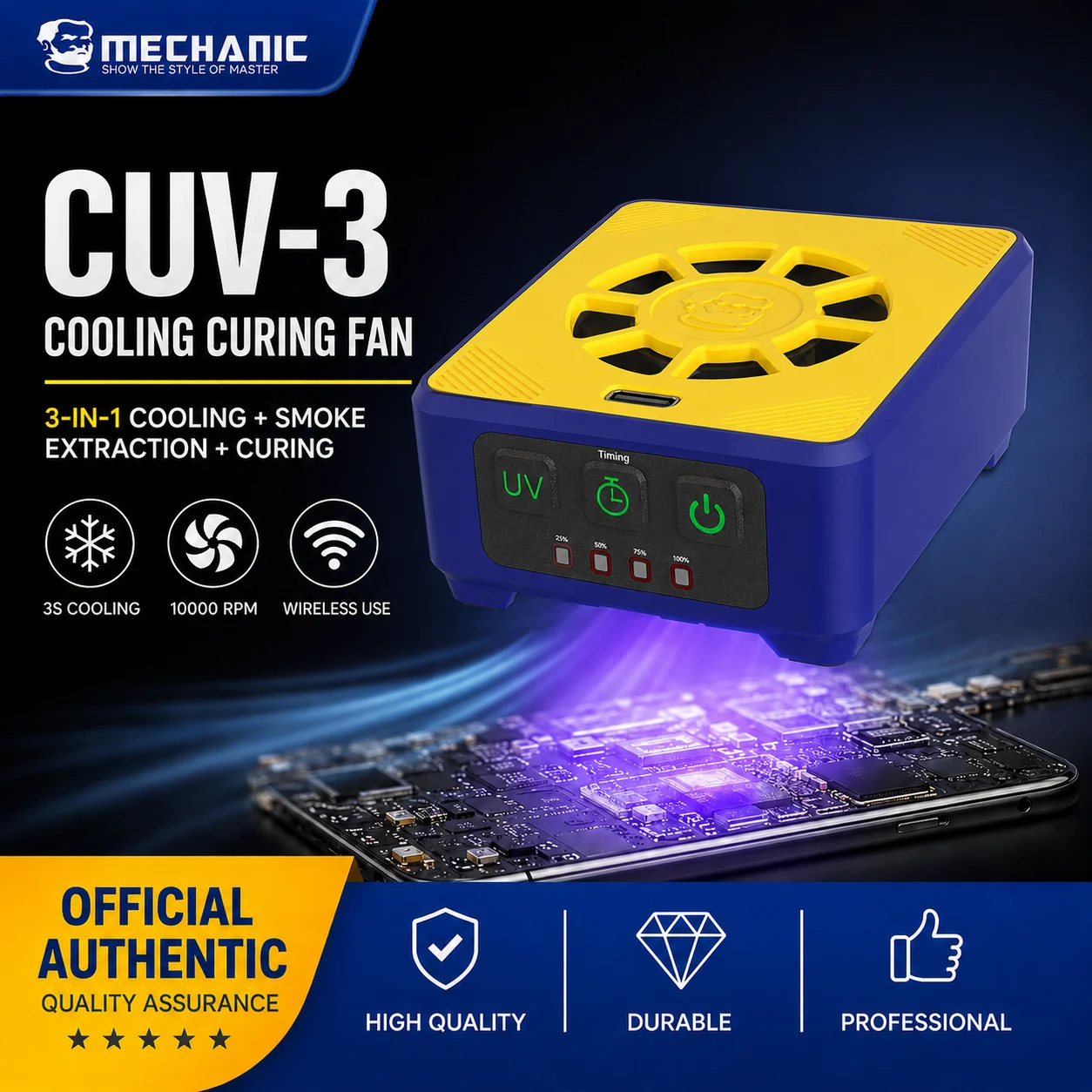 MECHANIC CUV-3 3-in-1 UV Curing Cooling Fan Smoke Extractor 20000RPM for Mobile Phone PCB Solder Mask Green Oil Soldering Repair