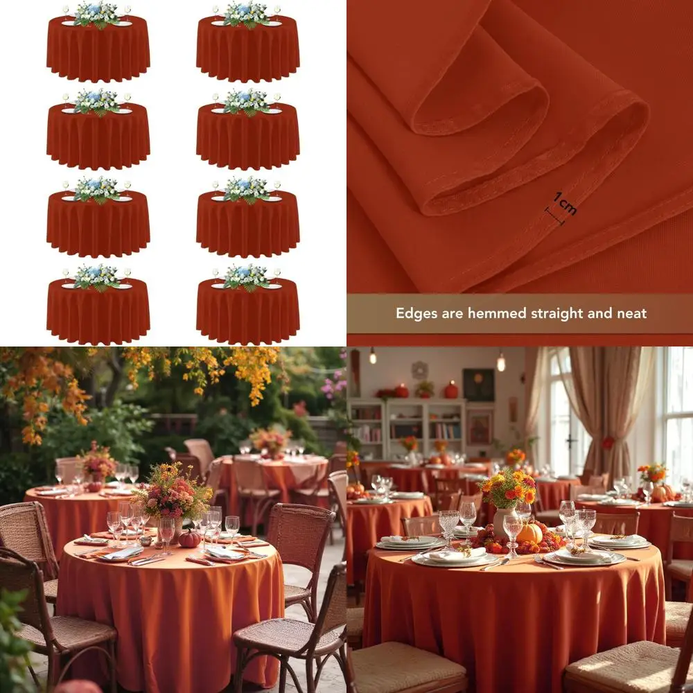 

Burnt Orange 90 Inch Round Polyester Tablecloths, 8 Pack for Fall Holidays and Thanksgiving Celebrations