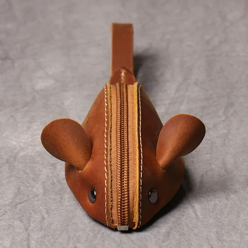 جلد طبيعي محفظة نسائية للعملات المعدنية الإبداعية لطيف ماوس حقيبة التخزين الاتجاه سستة جيب الرجال النساء المحمولة محافظ حقائب مفاتيح الأطفال #3