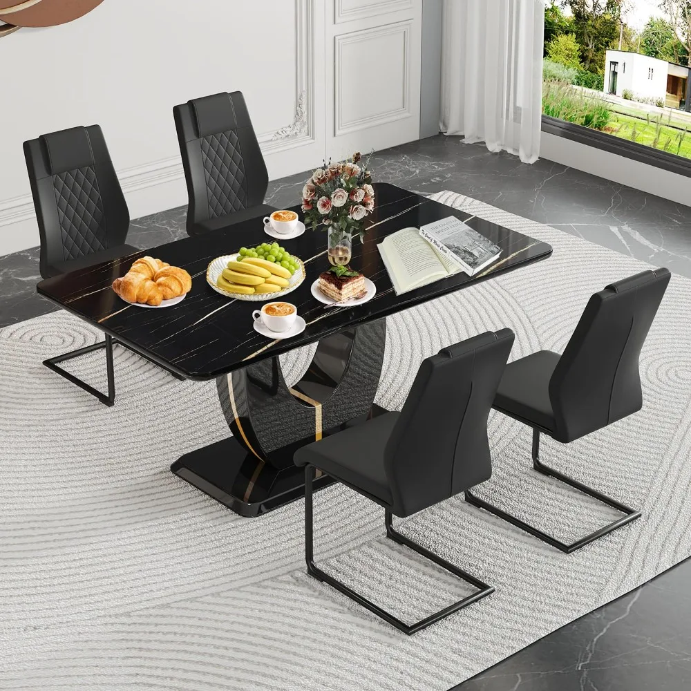 Kitchen and Dining Table Set,Table and Chairs Set of 4 with Faux Mareble Table Top,63in Black Rectangular Kitchen Table Set