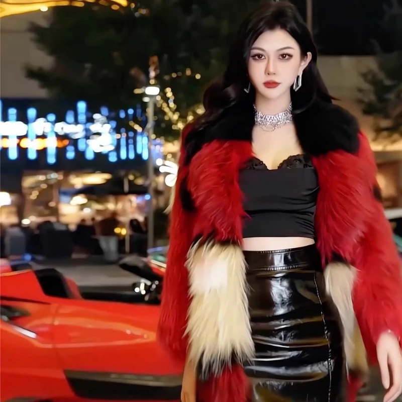 YOLANFAIRY 秋冬 輸入フォックスファー カラーブロッキング ファーメッシュ レッドカバー 通勤スタイル ロングオーバーコート 女性用コート 2025