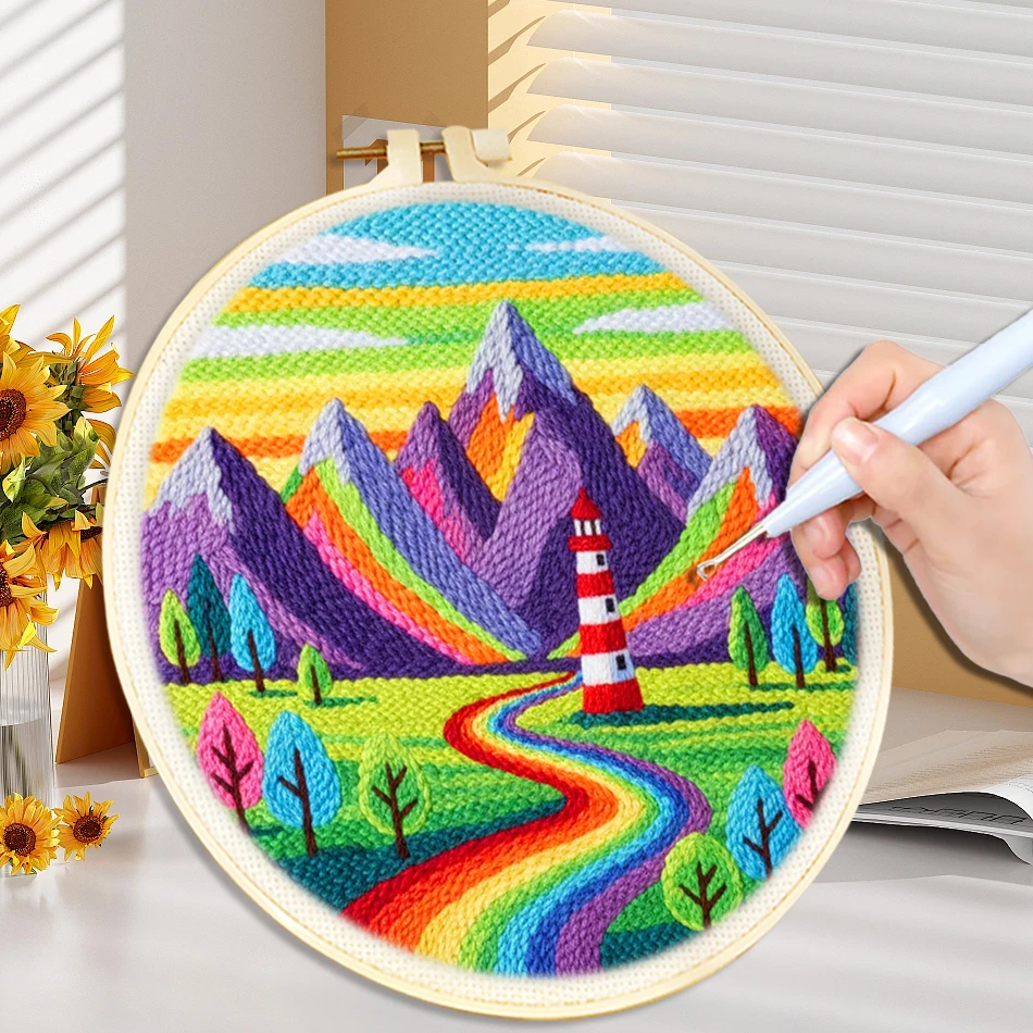 DIY Punch Needle Stickerei-Starter-Set für Anfänger: Berglandschaft mit Stickrahmen zum Nähen – ideal als Festivalgeschenk und Dekoration