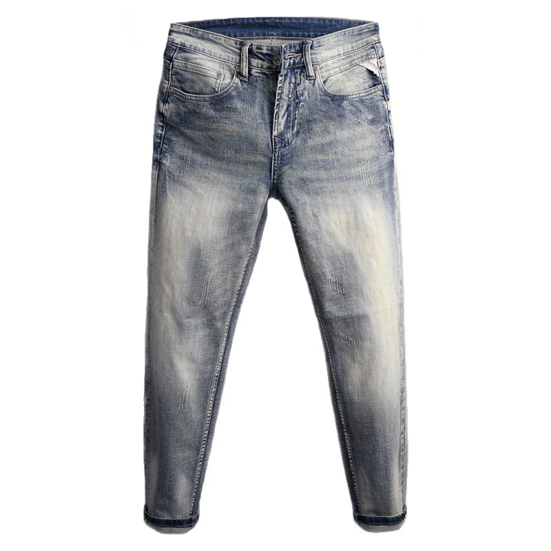 

Мужские джинсы Y2K в стиле ретро, светло-голубые, стрейч, облегающие, рваные, в итальянском стиле, винтажные, повседневные, джинсовые брюки для мужчин