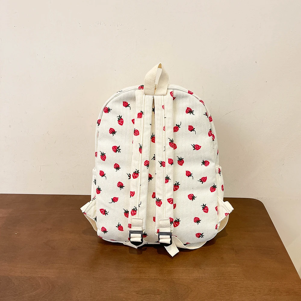 Lovely Little Fresh Strawberry Print Junior High School Bag Corduroy New Female All-Ins Lightweight Simple Backpack