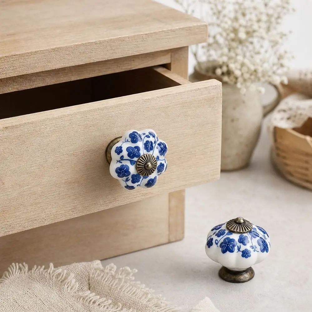 Gifts Ceramic Drawer Pulls Floral Pattern Pumpkin Shape Cabinet Door Knobs Vintage Style Furniture Knobs Dresser Drawer