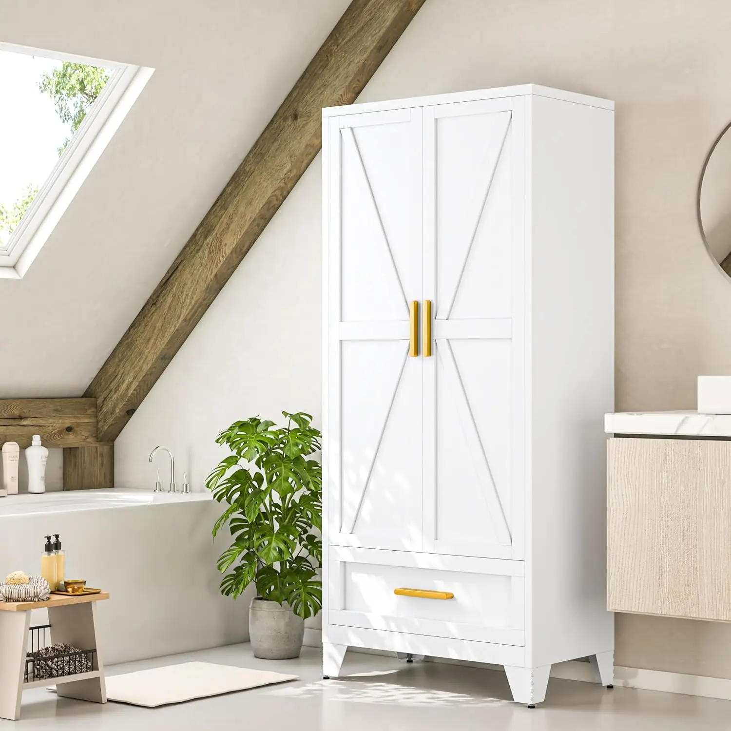 71" White Metal Wardrobes Closet With Hanging Rod and Drawer