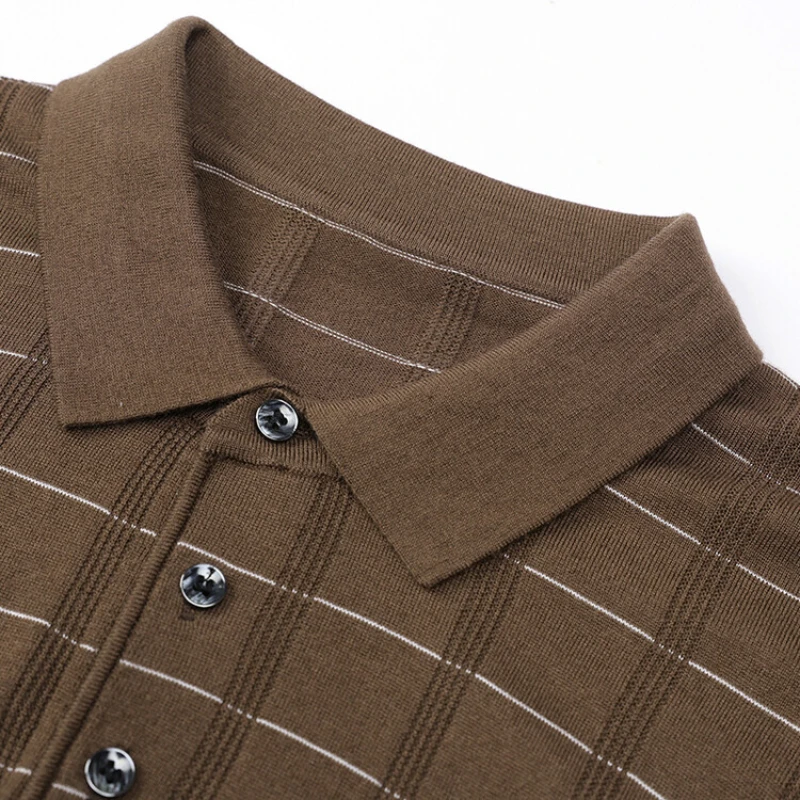 メンズチェック柄ニットプルオーバー、日常着用の多用途セーター、ビジネスカジュアルポロシャツストレッチシャツ、高品質