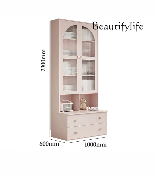 Bookcase with Card Holder Integrated to the Top Background Wall High Cabinet Pink Glass Cabinet