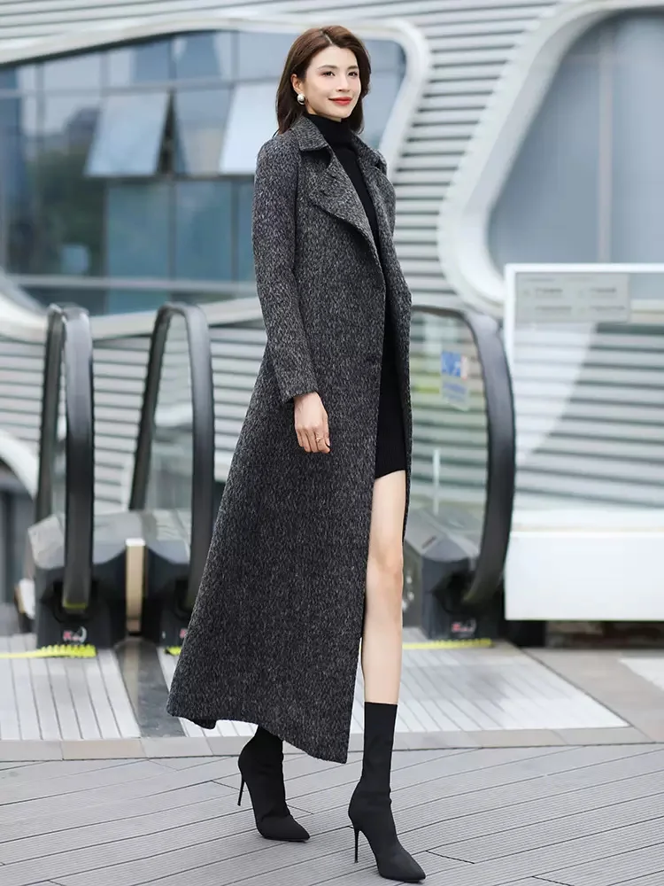 New Women Autumn Winter Elegant Gray Woolen Coat Fashion Casual Turn-down Collar Double Breasted Slim Wool Blended Overcoat