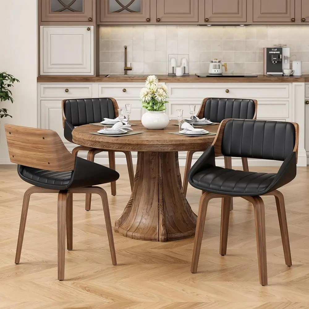 

4-Piece Swivel Dining Chairs Set, Modern Walnut Bentwood Chairs with Upholstered PU Leather Seats, Ideal for Kitchen, Dining Roo