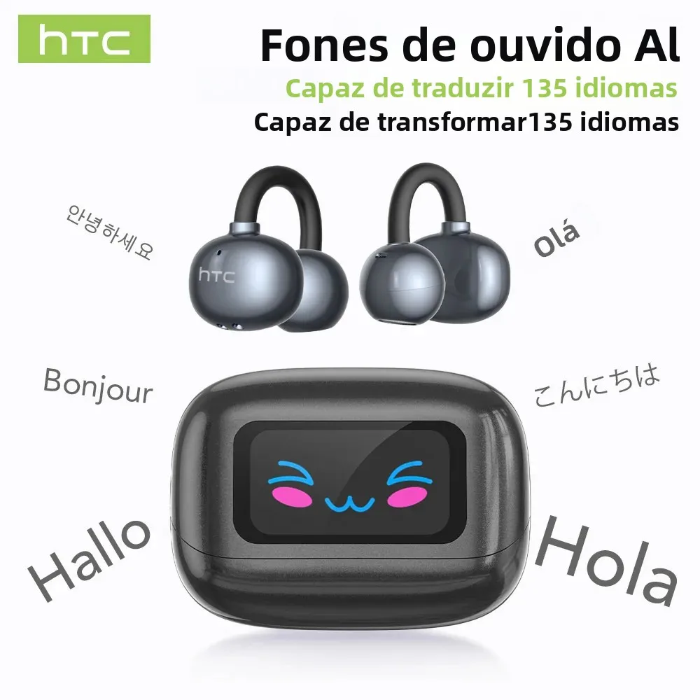 【HTC NE54】 Fones de ouvido Bluetooth V6.0 AI Tradutor Tela LCD Fones de ouvido OWS Ear Clip Fones de ouvido sem fio Redução de ruído