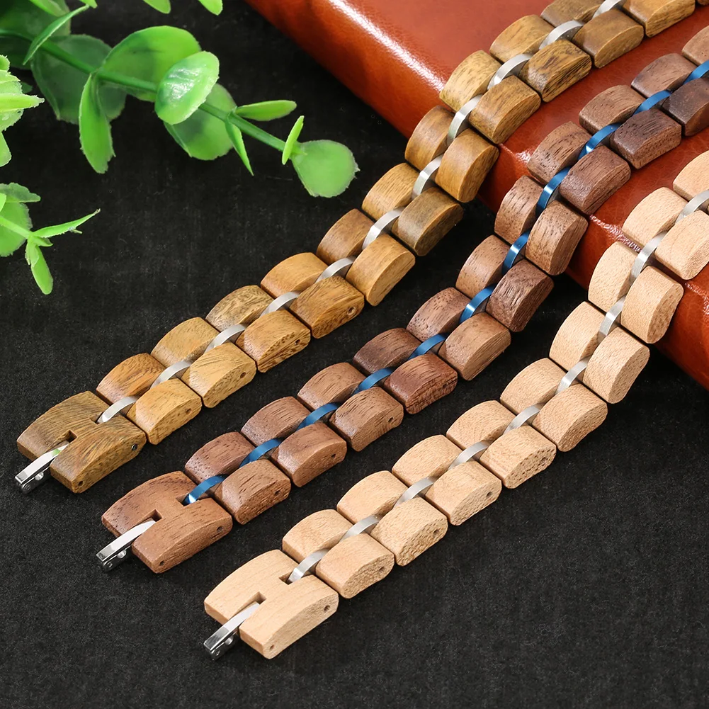 Vintage Wooden Mixed Stainless Steel Chain Wood Bracelets for Men Women Natural Stylish Wood Bangle