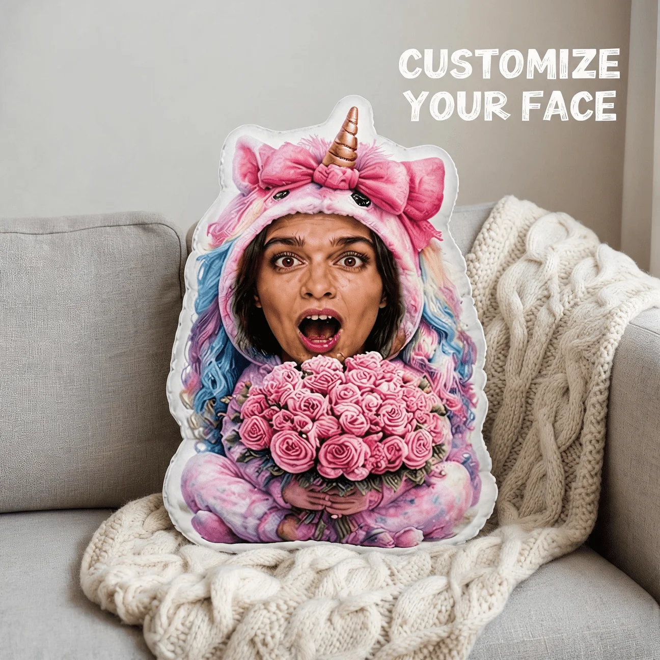 Custom Photo Shaped Pillow, Funny Face in Unicorn Costume Holding Pink Roses Decorative Cushion, Unique Home Decor Accent for So
