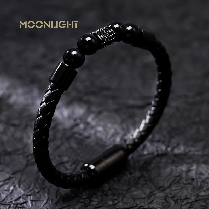 Classic Special Style Genuine Braided Leather Bracelet for Man Black White Natural Stone Beaded Bracelet Fashion Accessories