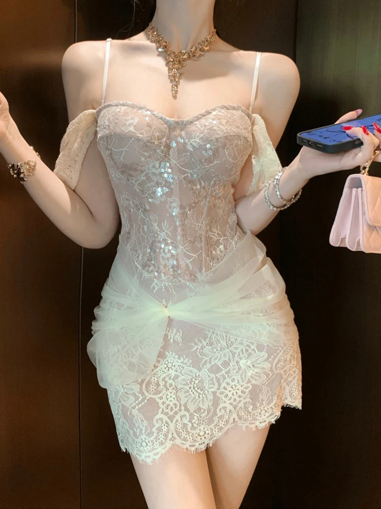 

Fashion Hotsweet Women Lace Evening Gown Sexy Off-Shoulder Slim Mini Short Dress Party Birthday Vestido Holiday Vacation Clothes