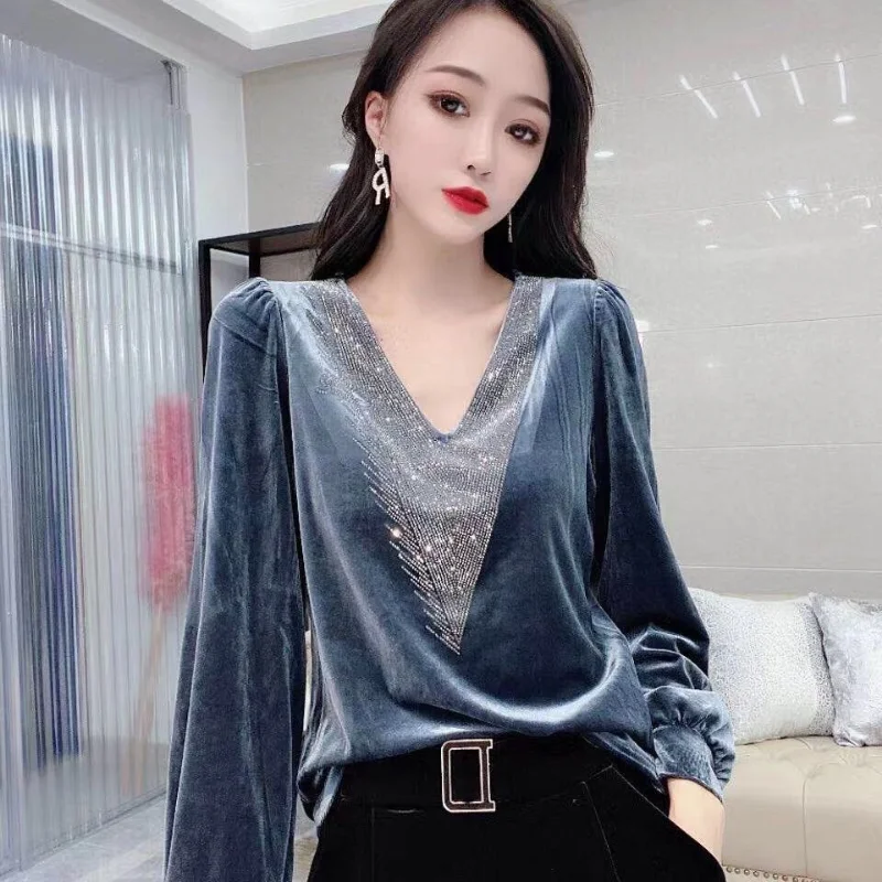 V Neck Navy Top for Women Vintage Elegant Pulovers Sexy Tees Long Sleeve Aesthetic T Shirts Female Old Clothes Designer Glitter