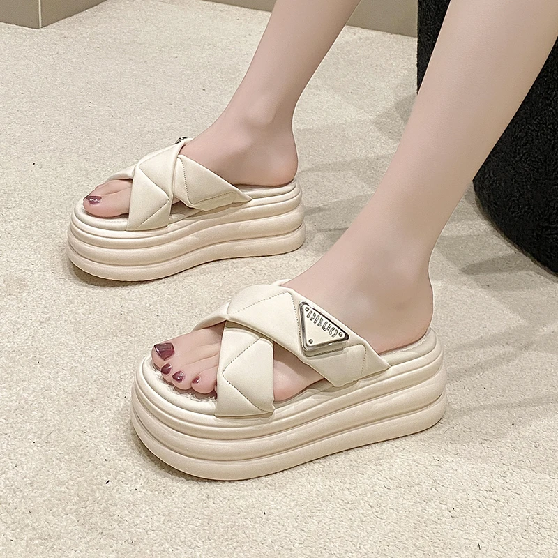 7.5CM Heels Chunky Slippers For Women Open Toe High Platform Leather Sandals Woman 2024 New Summer Thick Bottom Beach Flip Flops