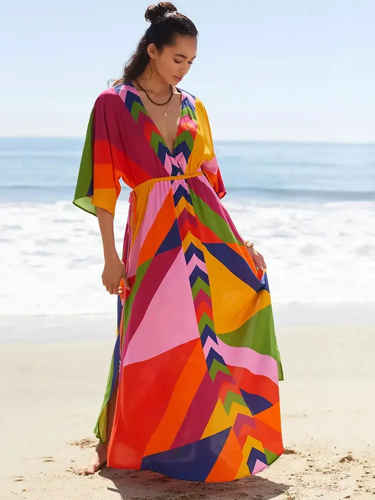 

Bohemian Maxi Dress Deep V neck Women Summer Long Dress Swimsuit Cover up Robe Plage Pareos Kaftan Dresses Beachwear