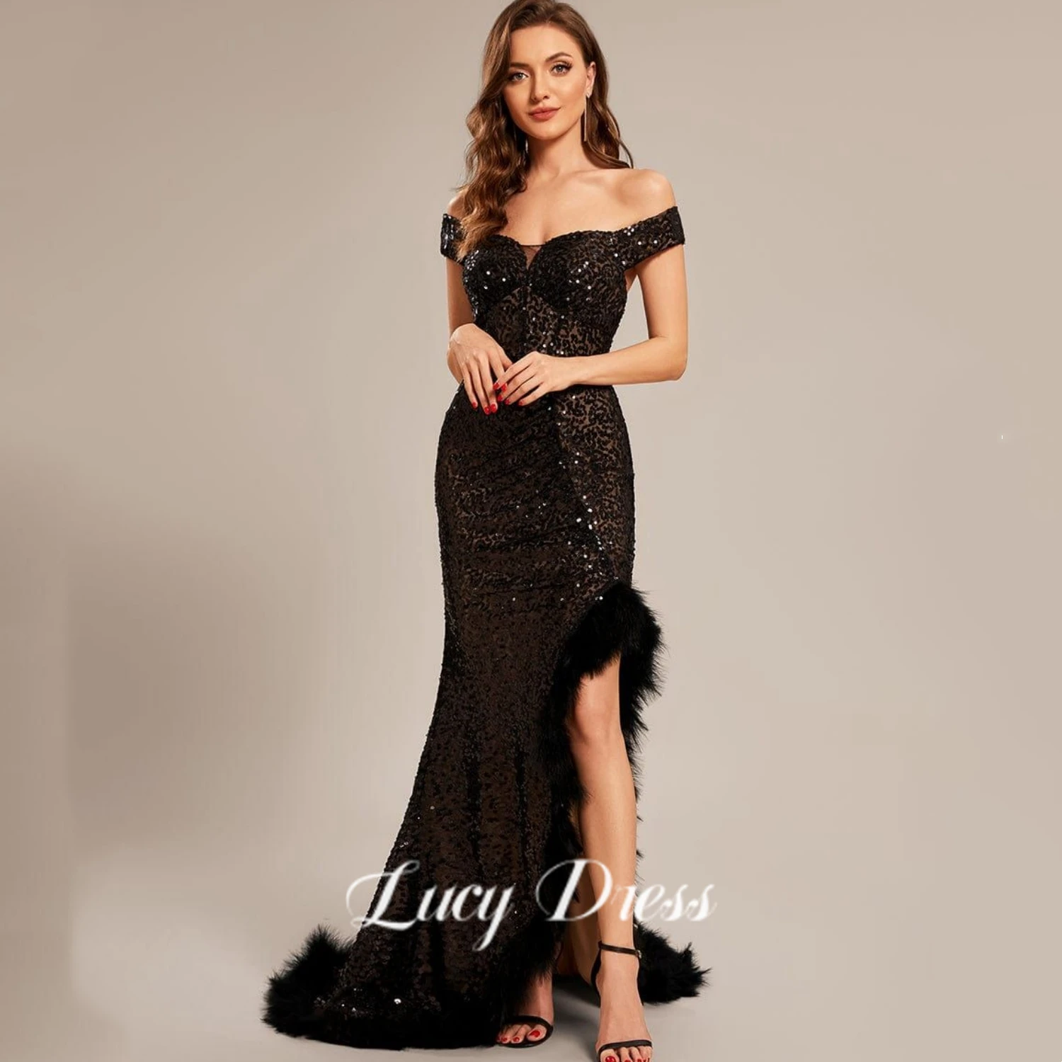 Lucy-vestido De fiesta De lentejuelas hechas a mano, vestido De trompeta De plumas, vestido De fiesta De sirena De diamantes, negro, 2023