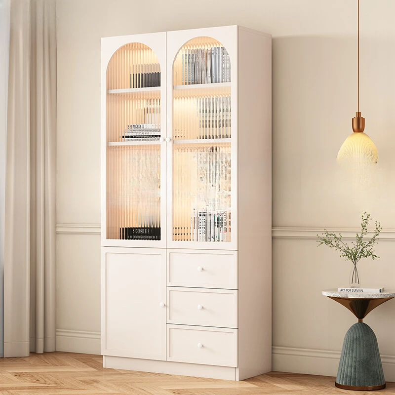 Simple modern solid wood bookcase landing home with glass door cream wind locker