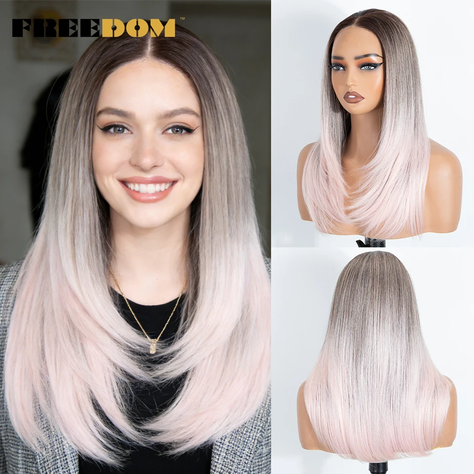 

FREEDOM Synthetic Lace Front Wigs For Women 18“ Ombre Brown Blonde 13x3 Straight Layered Lace Wig Pre-plucked Pink Cosplay Wigs