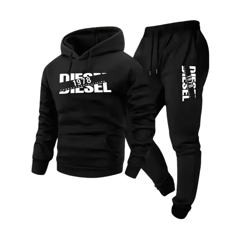 Autumn Winter New 2026 Men Hooded Tracksuit Casual Sports 2 Piece Outfit Set Pullover Hoodie + Drawstring Cuff Jogger Pant