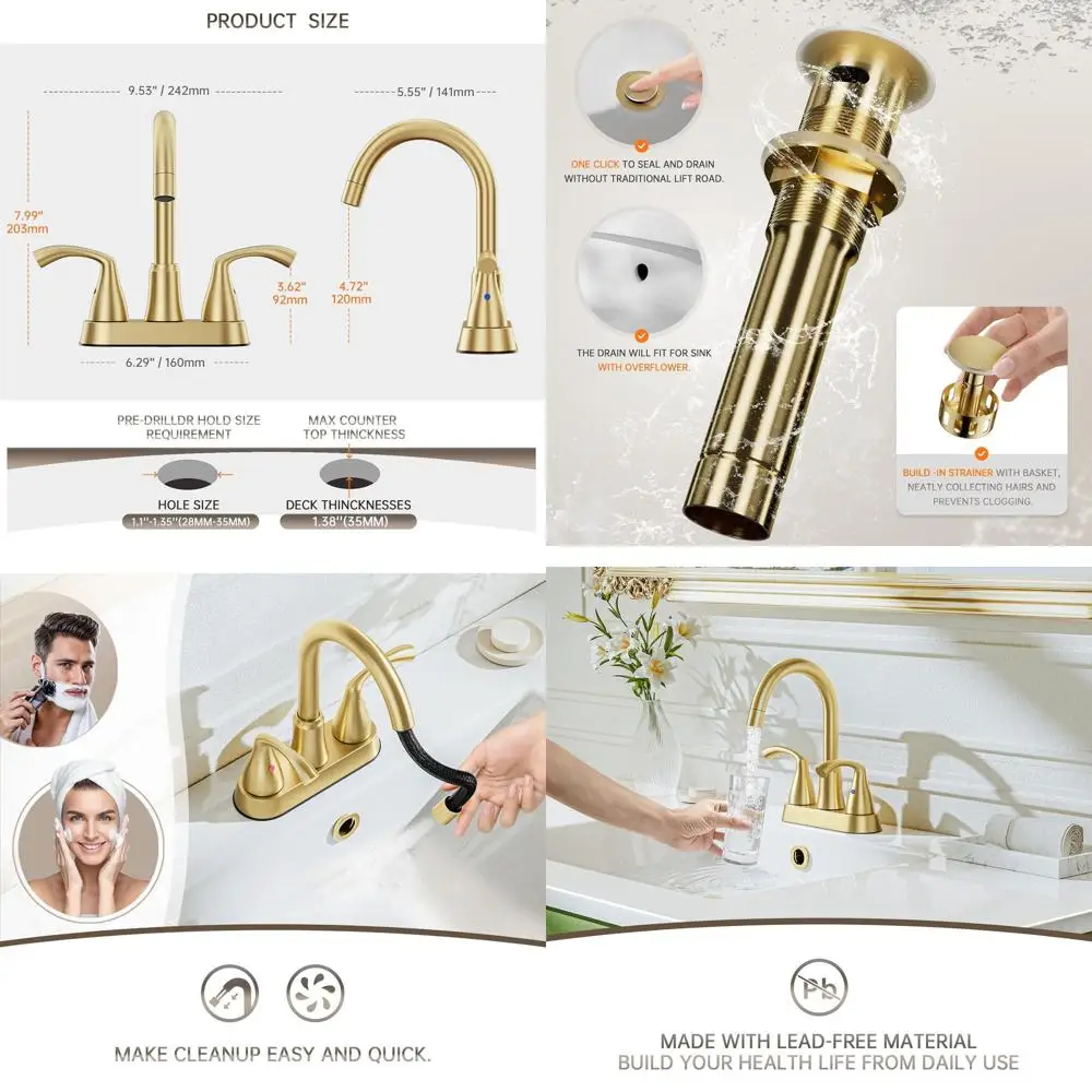 

4 Centerset Brushed Gold Bathroom Faucet with Pull-Out Spray, Lead-Free Stainless Steel, Metal Pop-Up Drain, Water Lines, Utilit