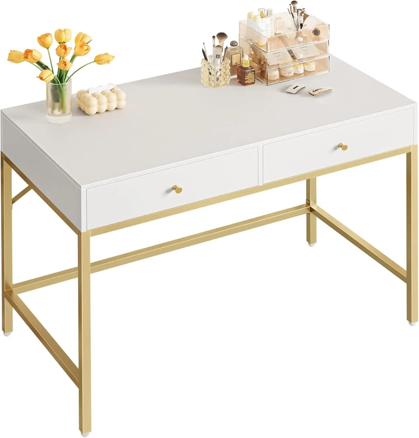 

39.4" White and Gold Desk with 2 Drawers, Modern Makeup Vanity Desk, Small Computer Desk Home Office Desk for Writing St