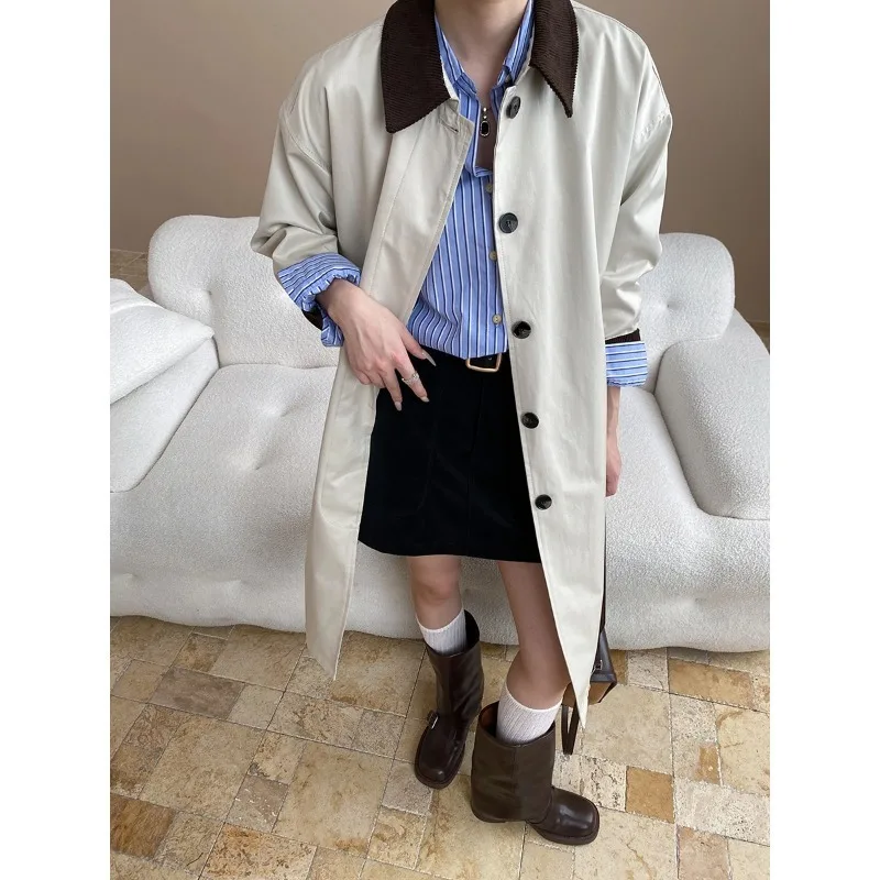 

Color-block Corduroy Elegant Oversized Trench Coat