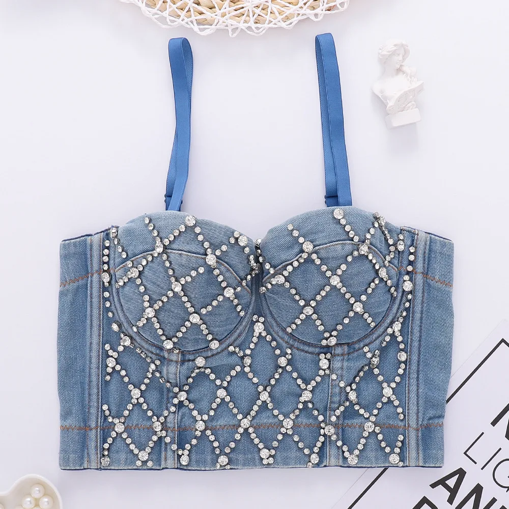 Top vaquero sin tirantes con almohadilla en el pecho para mujer, Top corto con diamantes de imitación Faion Ba, producción china, superventas