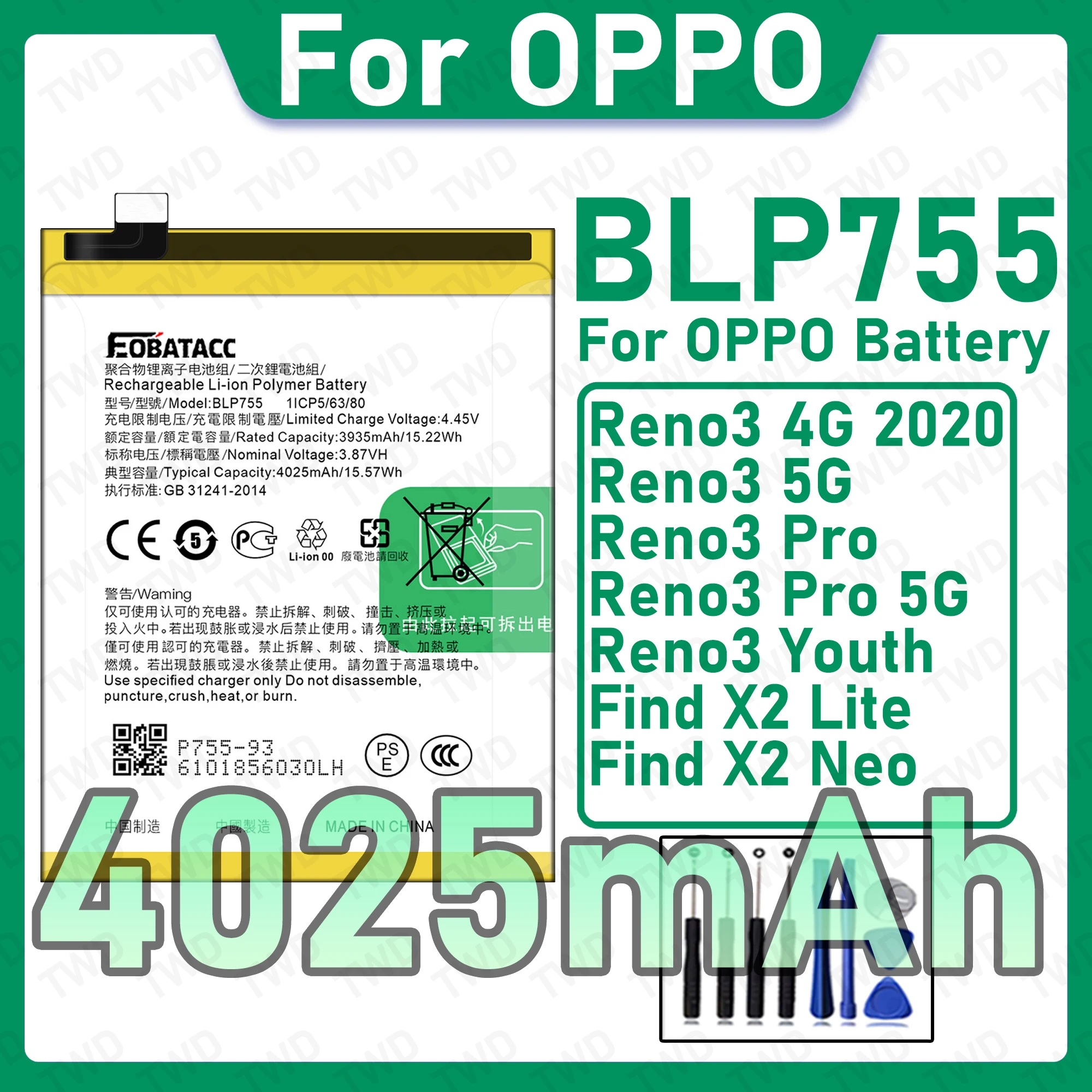 BLP755 Brand New High Capacity Rechargeable Li-ion Replacement Battery For OPPO Reno3 Pro Youth Finx X2 Lite Bateria+Free Tools
