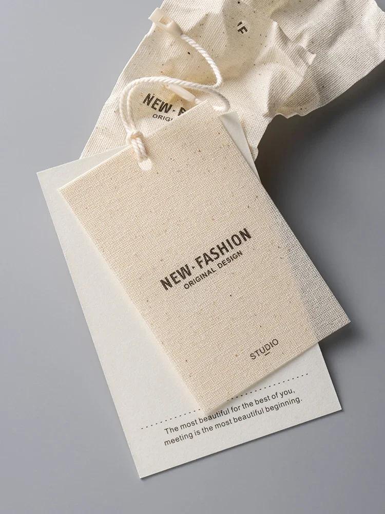 ヴィンテージコットンリネン製ハンギングタグ、カスタム衣料品ラベル、価格・サイズタグ、衣料品商標ブランド、ハンギングカードデザイン、カスタマイズ可能