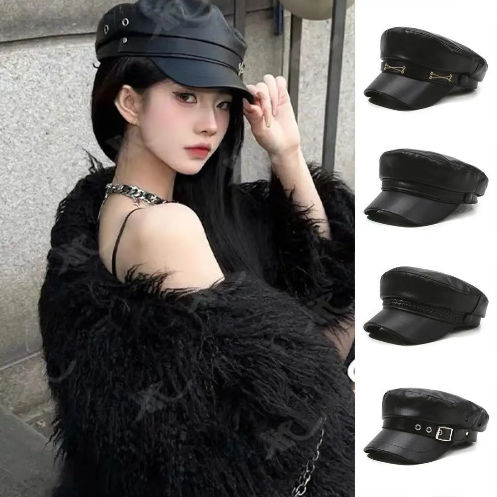 

Women Punk Black Harajuku Newsboy Cap Fashion Buckle PU Leather Beret Hat Ajustable Painter Hat Fashion Outdoor Flat Top Visor