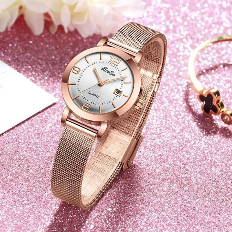 Luxury Brand Women Watch Steel Rose Gold Waterproof Slim Ladies Wristwatch with Date Mesh Band Elegant Female Hand Clock White