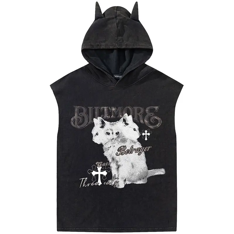 Men\'s Hooded Neck Sleeveless Dark Style Printed Vests Trendy Summer Street Loose Casual Versatile Pullovers Tops Male Clothing