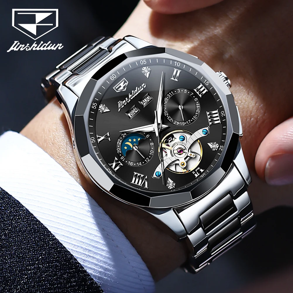 JSDUN Moon Phase Men's Automatic Watch Elegant Ceramic Strap Stainless steel Skeleton Chronograph Date TOP Brand Man Watches NEW