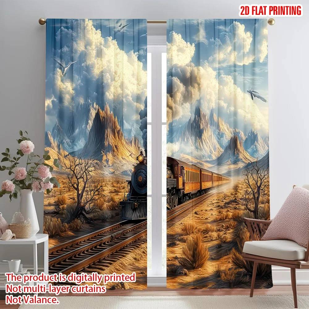 

2D flat printing 2pcs Curtains Steam Train in Desert(1) Digital Printed Polyester Drapes Family Party Decoration Use for New
