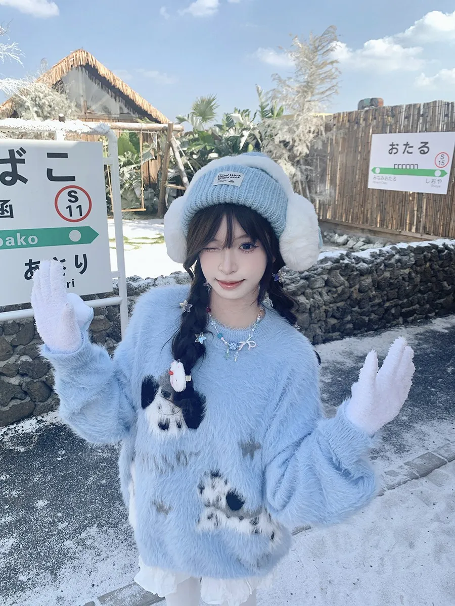 

Adorable Mink Velvet American Retro Spot Dog Pattern Loose Women's Sweater Autumn Winter Warmth Comfortable Long Sve round...