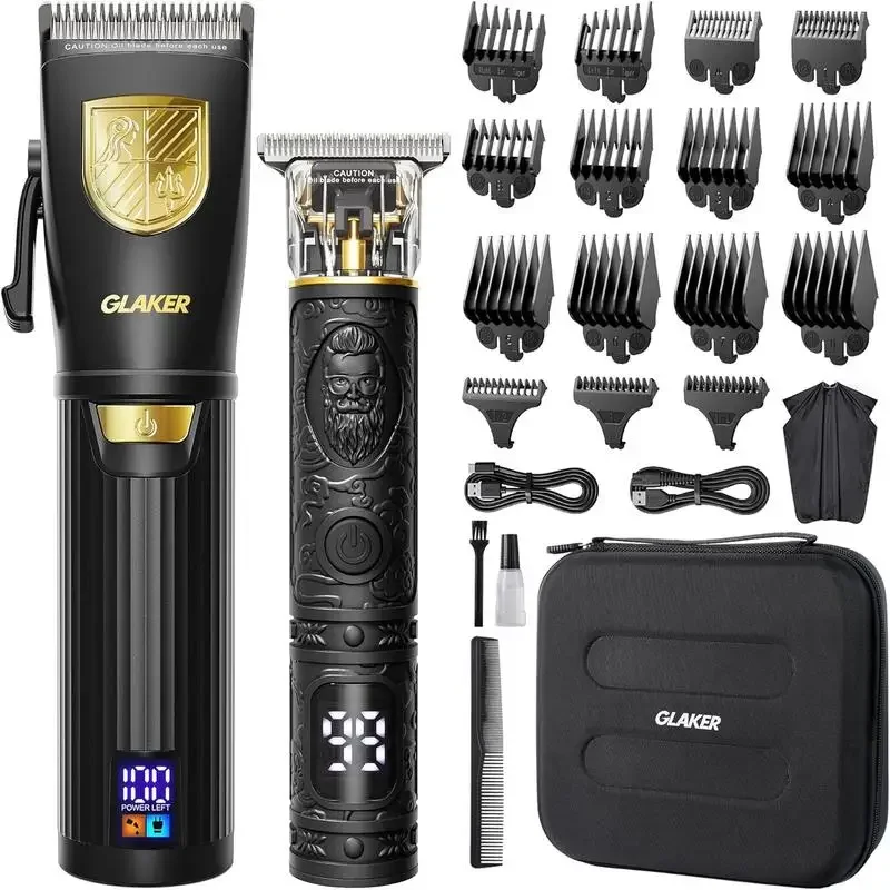 Kit de máquina de cortar cabelo sem fio GLAKER – Aparador de cabelo para homens, lâminas afiadas, display LED, 15 pentes guia, estojo de viagem e armazenamento