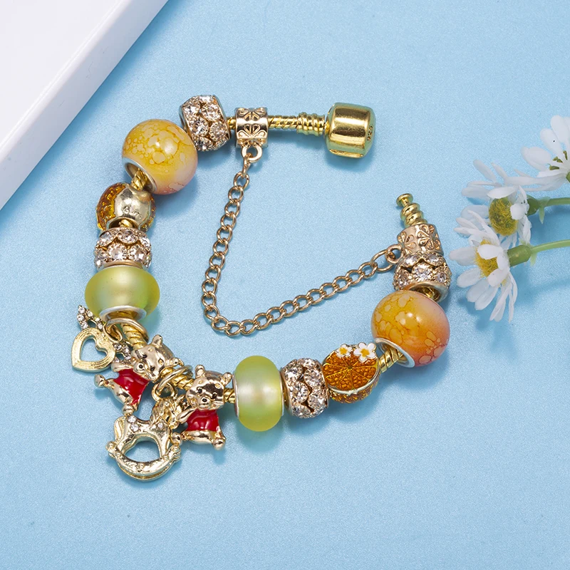 Gold Color Bear Tangerine Beads Charm Bracelets Fits diy Fashion Brand Bracelet Bangles For Women Bijoux Pulseras Jewelry Gift