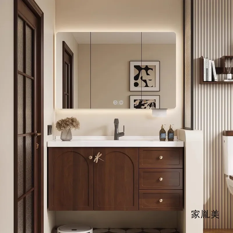 Retro Oak Bathroom Vanity with Ceramic Integrated Sink and Mirror Cabinet French Style Medium Size Wall Mounted Storage Unit