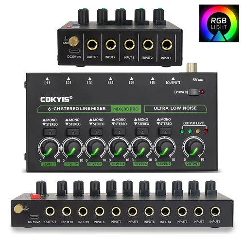 Mezclador de línea estéreo de ruido ultrabajo de 4/6/10 canales Mini mezclador de sonido profesional con luz RGB DC5V Mezclador de audios de fácil operación