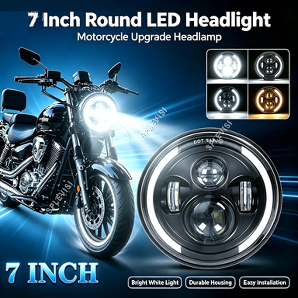 1Pc 7" Inch Round LED Headlight Halo Angle Eyes 60W/Bulb 12-24V For Yamaha V Star 650 1100 Classic Road Star 1600 1700 Silverado
