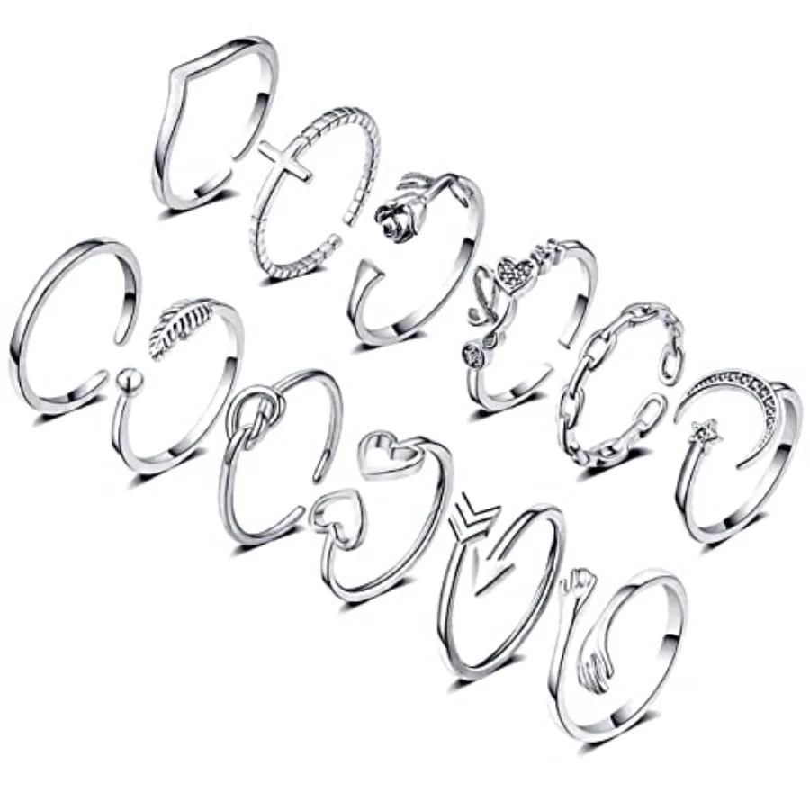 

KOHOTA 12PCS Adjustable Knuckle Rings for Women 14K Gold Plated Silver Simple Stacking Rings Pack Open Knot Star Moon Butterfly