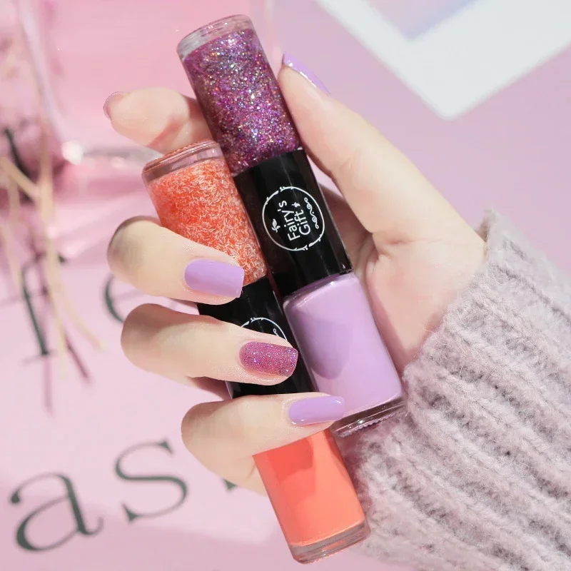 Esmalte de uñas de dos colores de doble cabeza, secado rápido, resistente al agua, duradero, aceitoso, lentejuelas 3D, arte de uñas, compacto, portátil