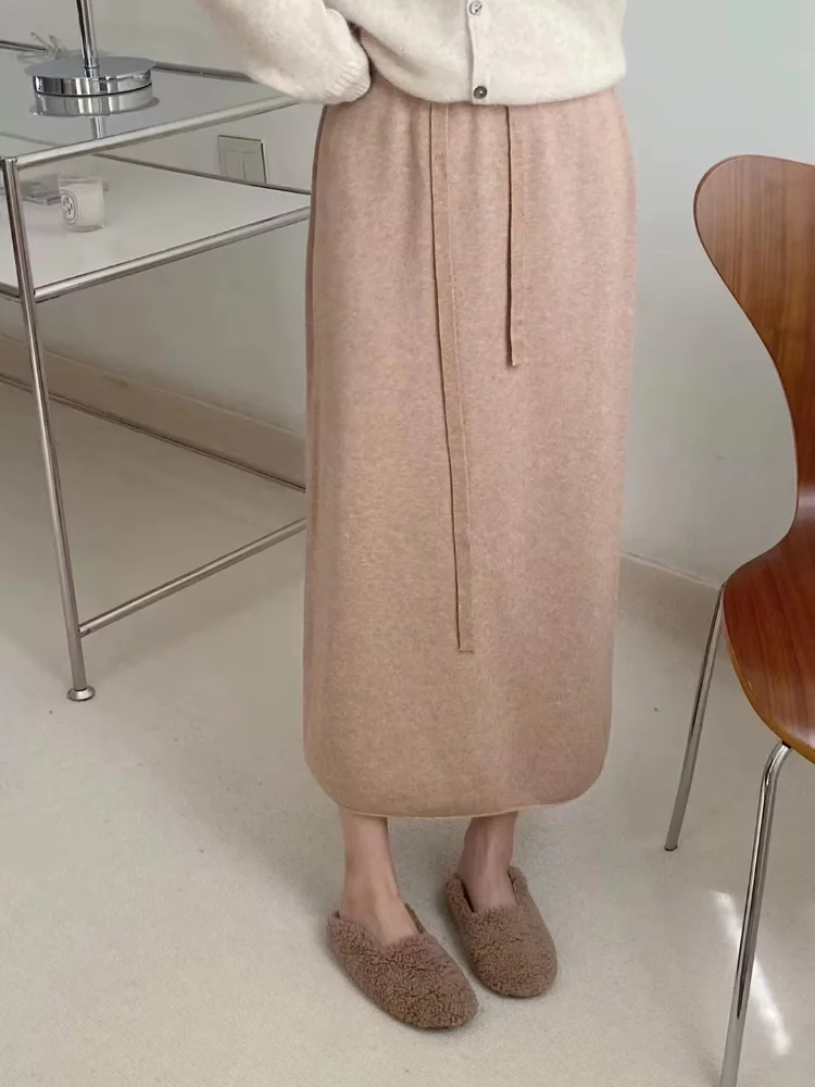 

Winter Casual Thick Skirts Women Korean Preppy Style Solid Back Slit Elastic Waist All-match Sweet Students Fashion Loose Simple